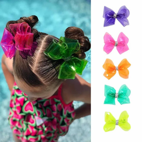 4" Waterproof Glitter Jelly Bows with Clips, Kids Swim Knot Hairpins, Solid Hair Accessories