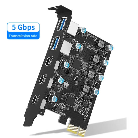 5-Port PCIe Expansion Card: USB 3.0 Adapter Type C/A, 5Gbps, PCI Express Riser, 1x to 5-Port USB Controller
