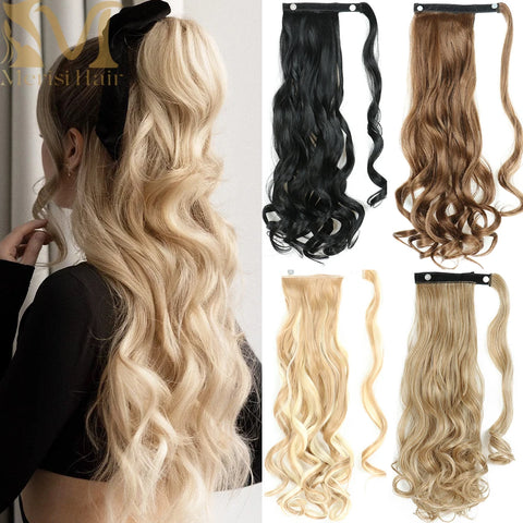 22" Wavy Wrap Around Clip-In Ponytail Hair Extension - Blonde Black Synthetic Hair Piece
