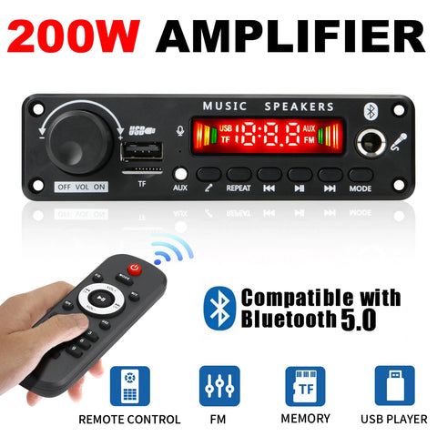 200W Bluetooth Amplifier DIY MP3 WAV Decoder Board DC 12V 100W Wireless Car USB Player TF Card Slot USB FM Mic