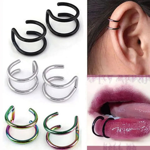 2pcs Stainless Steel Fake Piercing Jewelry, Clip On Ear Cuffs & Lip Rings, Non-Piercing Labret for Women Men