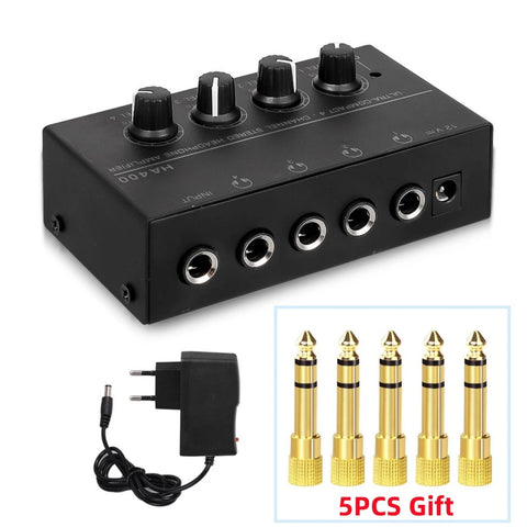 4-Channel Mini Stereo Headphone Amplifier with EU Plug Adapter and 6.5mm to 3.5mm Converter