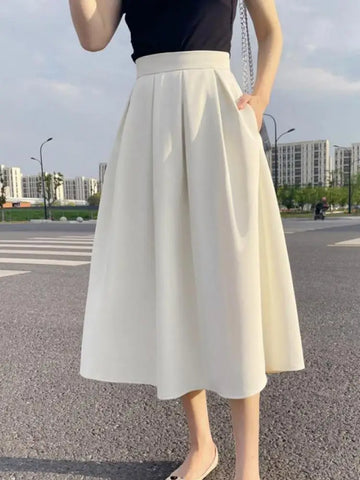 Elegant Women's A-Line Midi Skirt with Pockets - High Waist, Casual Office Wear, Spring/Summer 2023