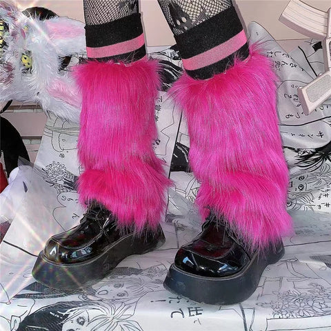 Dark Pink Y2K Faux Fur Leg Warmers Boot Covers Knee-Length Cute Punk Warmers Socks