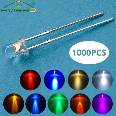 1000pcs 3mm LED Diode Kit: White, Red, Yellow, Blue, Green - Assorted Light Bulbs for DIY Electronics