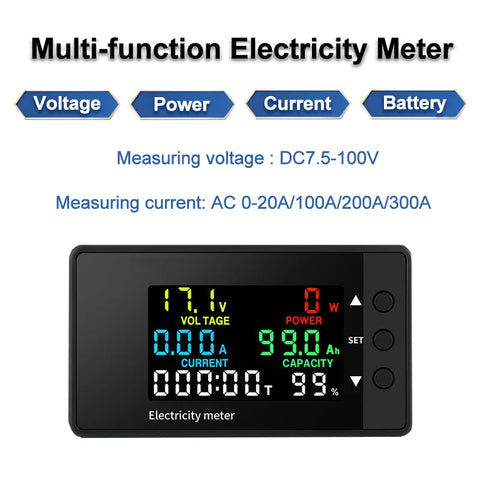 Digital 6-in-1 Voltmeter Ammeter DC 7.5-100V 20A-300A Wattmeter Electric Voltage Current Meter