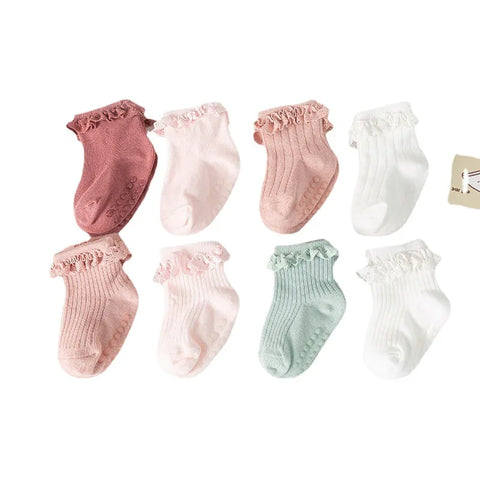 Baby Toddler Princess Socks 4 Pairs - Non-Slip, Lace Ruffle, Plain Colors, Ages 0-3 Years