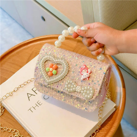 2024 Korean Pearl Kids' Handbag with Lace Bow, Sequin Shoulder Messenger Bag, Princess Wallet Pocket Pack