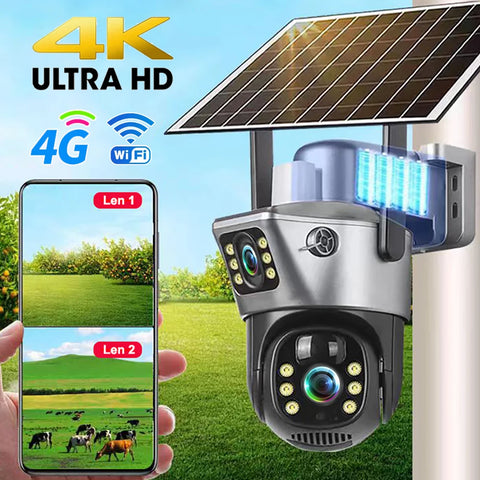 4G Solar Camera Dual Lens Outdoor 8MP 4K Low Power Battery IP CCTV Night Vision PIR Security V380 Pro