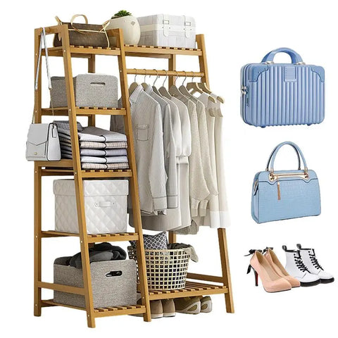 Freestanding Clothes Rack with Shelf and Shoe Organizer for Living Room or Bedroom Storage