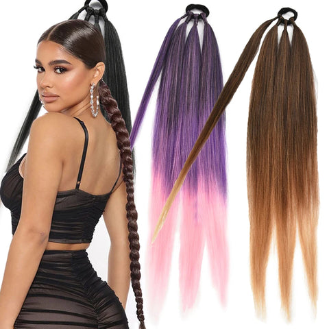 Boxing Braids Ombre Ponytail Extension 26" Synthetic Wrap with Hair Ring Black Brown Grey