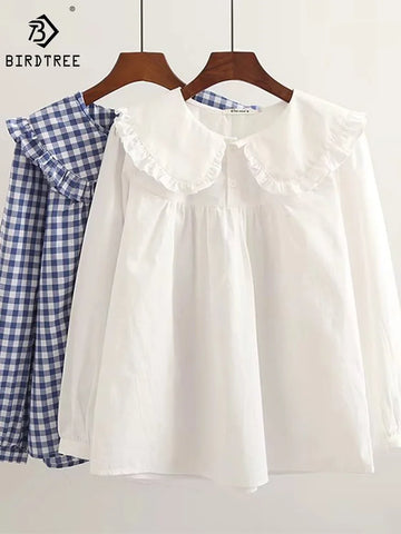 Autumn Cotton White Shirts Women Peter Pan Collar Plaid Casual Loose Blouses Cute Student Tops Spring