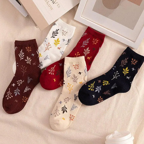 Forest Print Cotton Socks - Sweat-Absorbent Retro Tube Socks for Women - Summer/Autumn Style