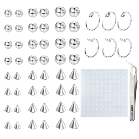 Fake Eyebrow & Lip Studs with Replacement Balls, 100pcs Stickers, Body Jewelry Hoop, 3mm-5mm Fake Piercing Kit