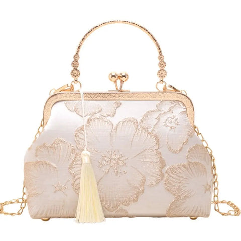 Elegant White Silk Tassel Shoulder Bag - Chinese Style Women's Handbag