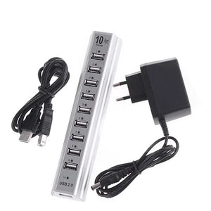 10-Port USB 2.0 Hub Splitter for Keyboard, Mouse, U-Disk, Phone Charging Cable Adapter