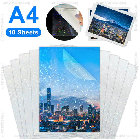 A4 Self-Adhesive Cold Lamination Sheets, 10-Pack, Waterproof, Transparent, Holographic Stars/Dots for DIY Cards & Photos