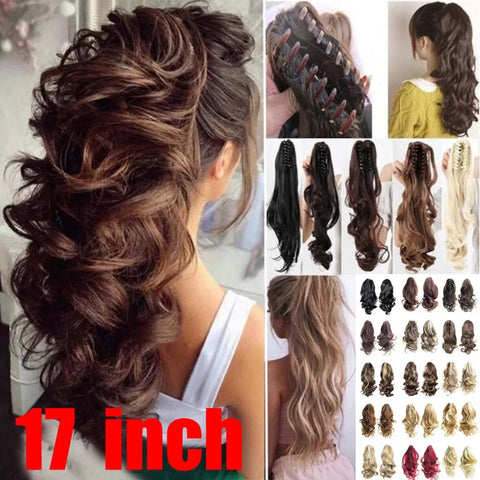 17" Wavy Claw Clip Ponytail Extension, Synthetic Heat Resistant Fiber, Long Wavy Hairpiece Wig