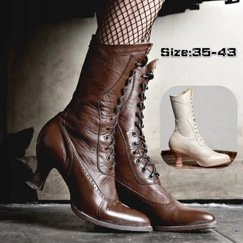 British Punk Women’s Retro Knight PU Leather Ankle Boots High Heel Cosplay Fashion Botas Mujer