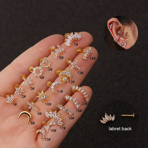 16g Cross Heart Flower Tragus Helix Cartilage Ear Lip Piercing Stainless Steel Labret Stud Body Jewelry