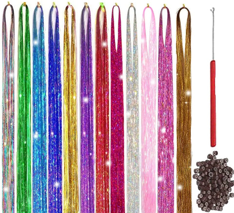 12-Color Hair Tinsel Kit, 4200 Strands, Glitter Extensions with Tool, Heat Resistant Sparkle Highlights