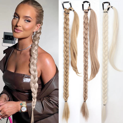 34" Brown Ombre Synthetic Ponytail Extensions - Boxing Braids Wrap Chignon Tail with Rubber Band