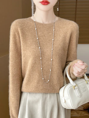 100% Merino Wool Women's O-neck Sweater Long Sleeve Pullover Jumper for Spring, Autumn, Winter Knitwear Top