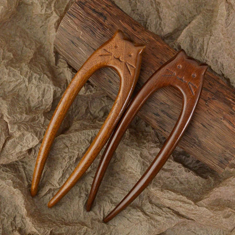 Chinese Cat Pattern Wooden Hair Sticks U-Shaped Hair Forks Hanfu Headwear Accessories for Women