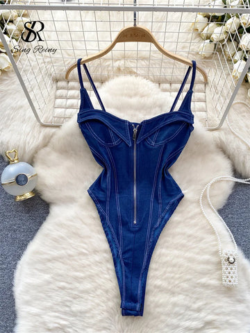 American Vintage Denim Bodysuit Spaghetti Strap Skinny Women's Playsuit Streetwear Slim Zipper Romper - Sexy Fashion