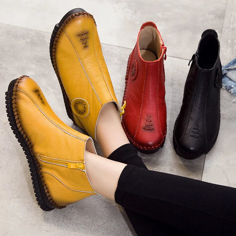 Autumn Winter Genuine Leather Women's Ankle Boots, 3 Colors, Zip Closure, Handmade Flat Boots, Plus Size 35-43