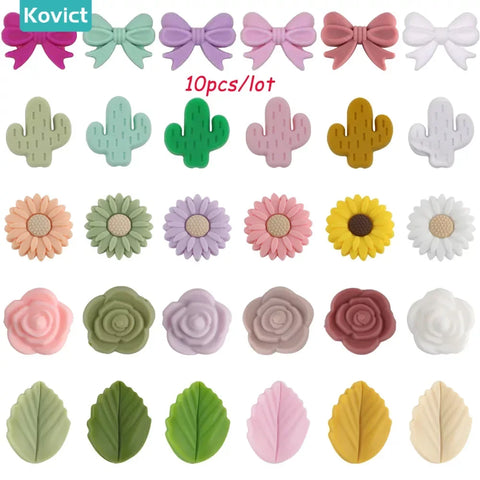 10pcs Food Grade Silicone Beads Set: Leaf, Cactus, Flower, Bow for DIY Jewelry Necklace Making