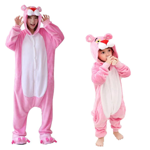 Adult Pink Panther Onesie Pajamas Costume, Flannel Cartoon Jumpsuit for Halloween Party
