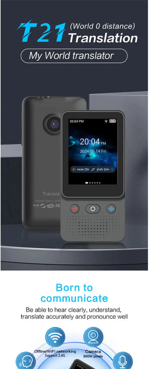 Portable T16 AI Voice Translator: 138 Languages, Real-Time, 3.1" Screen, Offline Capability, Voice Record