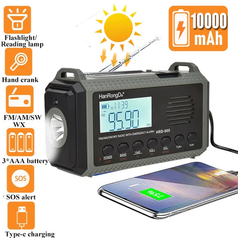 10,000mAh Solar Hand Crank Radio FM/AM/SW/WX with USB Charging, LED Flashlight, Reading Lamp, Power Bank Emergency Charger