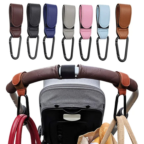 2-Pack Adjustable PU Leather Stroller Hooks for Diaper Bags - Pram Organizer & Travel Accessories