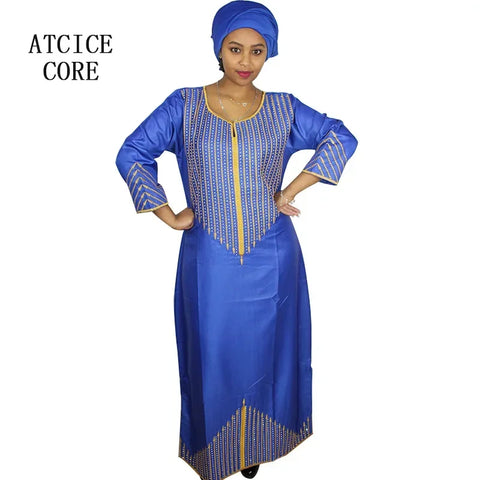 African Fashion Bazin Embroidered Long Dress, No Scarf