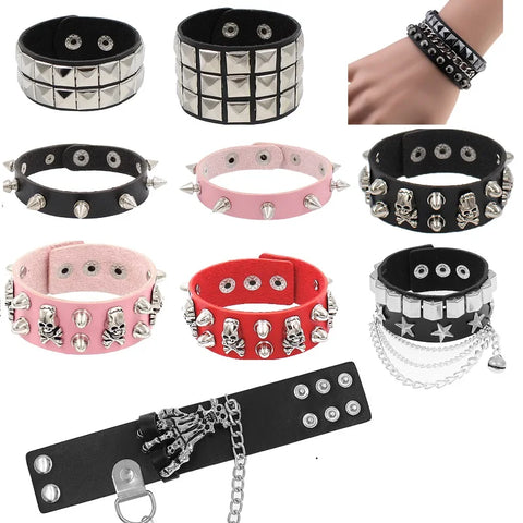Gothic PU Leather Studded Bracelet Adjustable Spike Punk Cuff Rivet Wristband for Men Women