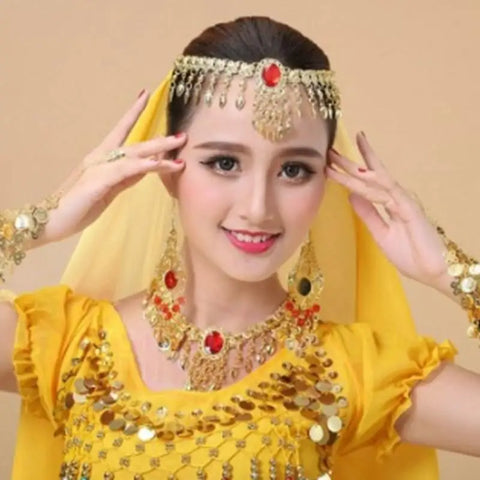 Bohemian Belly Dance Headwear Necklace and Earrings Set - Women's Ethnic Jewelry for Performance