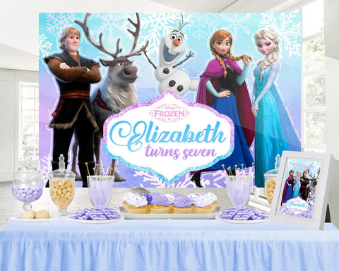 Frozen Elsa Anna Princess Photo Backdrop Kids Birthday Party Decor Custom Name Winter Background Supplies
