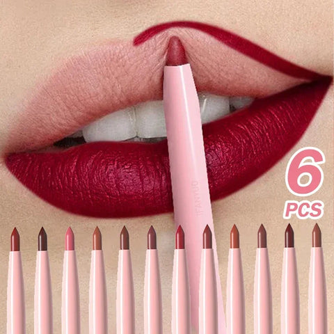 6-Pack Waterproof Matte Lip Liner Set - Smudge-Proof, Long-Lasting Red & Brown Shades