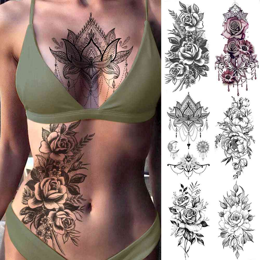 Vodní falešné dočasné falešné tetovací samolepky pro ženy - tělo, hruď, pas, zápěstí - růže