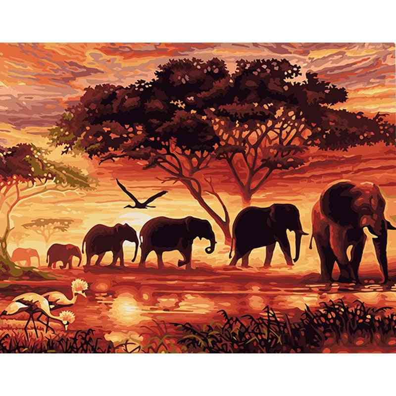 Hand Painted Acrylic Picture Sunset Elephants Animals Diy Painting By Numbers Modern Wall Art