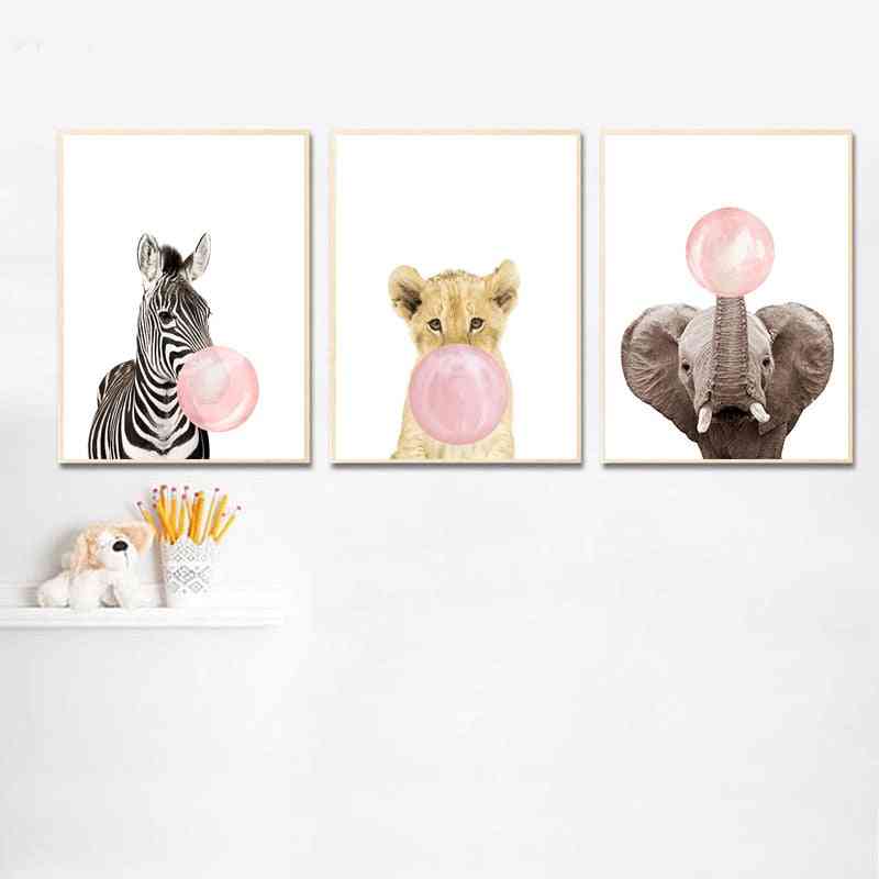 Pink Bubble, Elephant, Giraffe - Animal Wall Art Canvas, Nursery Print Painting