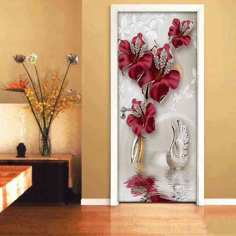 Rød blomst sommerfugl smykker 3d dørklistremerker - innredning moderne stue soverom dør dekorasjon klistremerke veggmaleri tapet