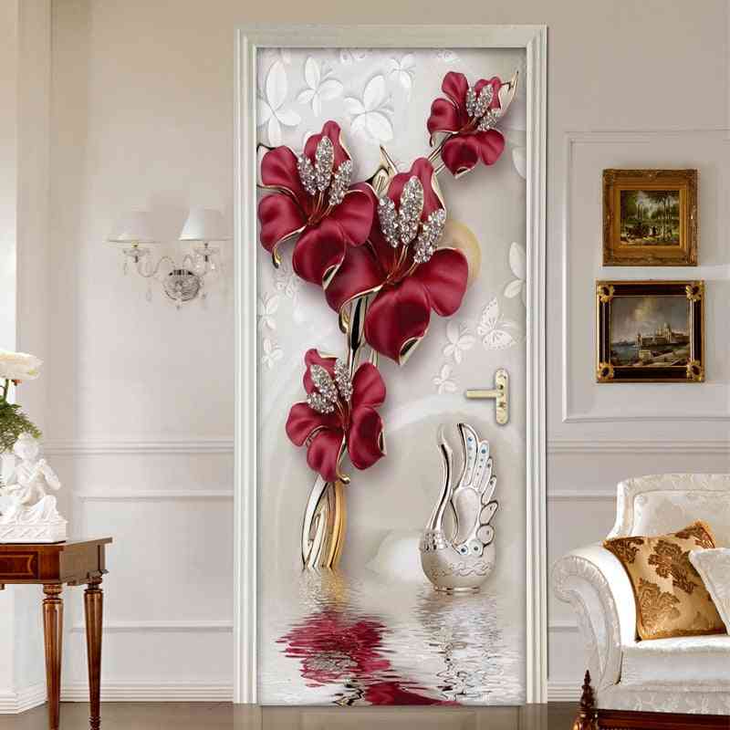 Red Flower, Butterfly Jewelry 3d - Modern Living Room, Bedroom Door Decoration Sticker