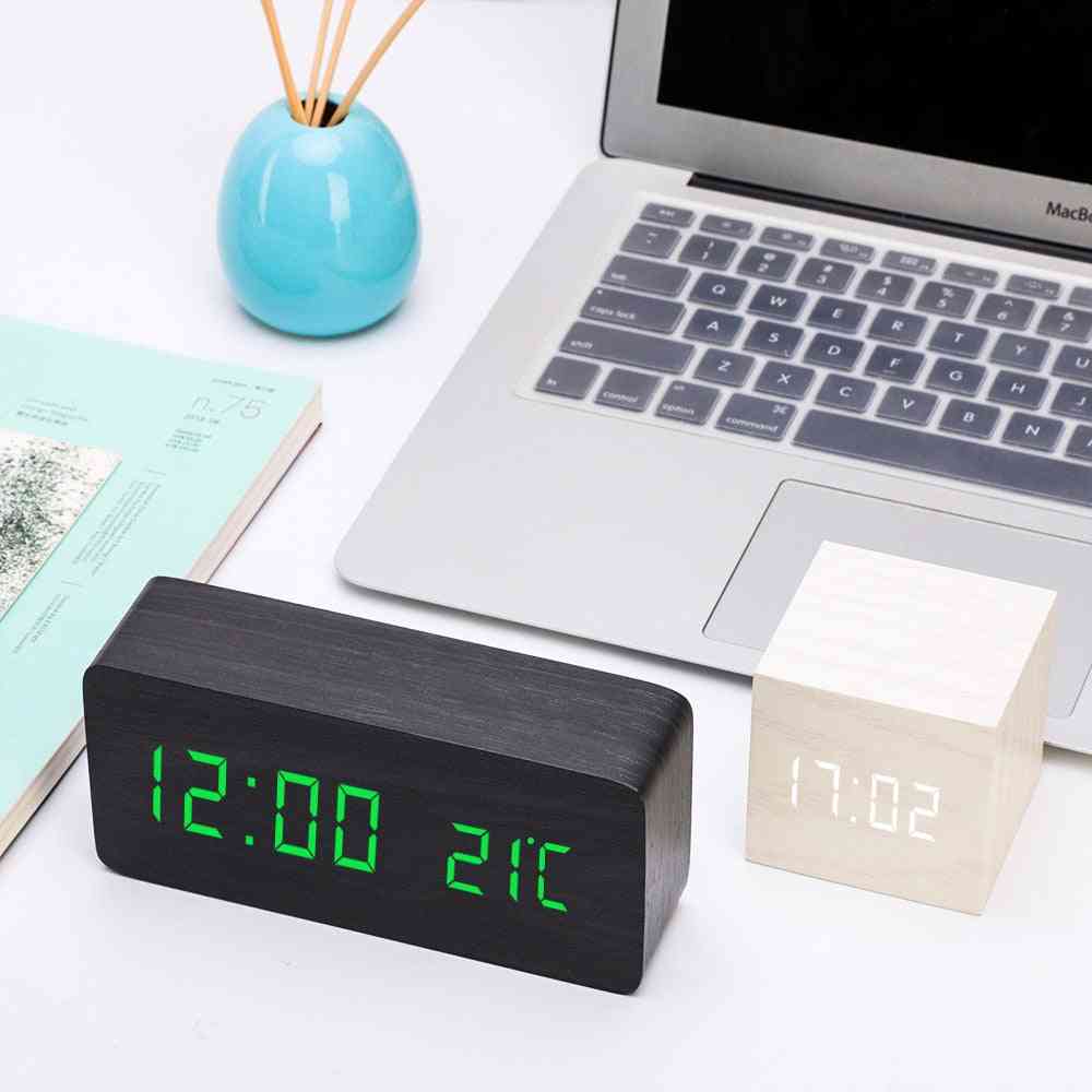 Led Wooden Voice Control Alarm Clock