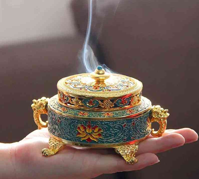 Tibetan Style Painted Enamel, Zinc Alloy Coil Incense Holder Burner
