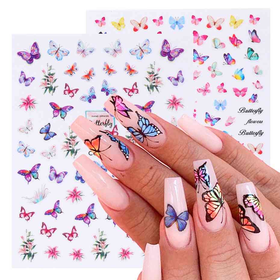3D motýlové samolepky na nehty - samolepicí posuvníky, barevné modré květy na dekorace
