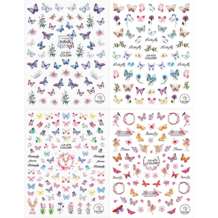 Adesivi per nail art con farfalle 3d - cursori adesivi colorati fiori blu, decalcomanie per il trasferimento delle unghie, involucri per decorazioni