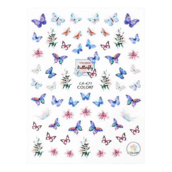 3d Schmetterling Nail Art Aufkleber - Kleber Schieber bunte blaue Blumen, Nagel Transfer Aufkleber Folien Wraps für Dekorationen